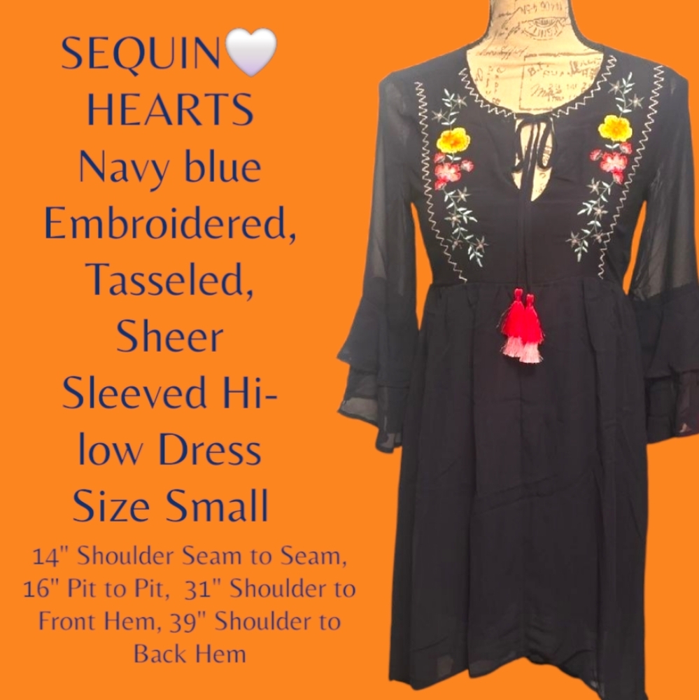 Sequin Hearts Navy Blue Boho Embroidered Dress NWT Small 4042-4